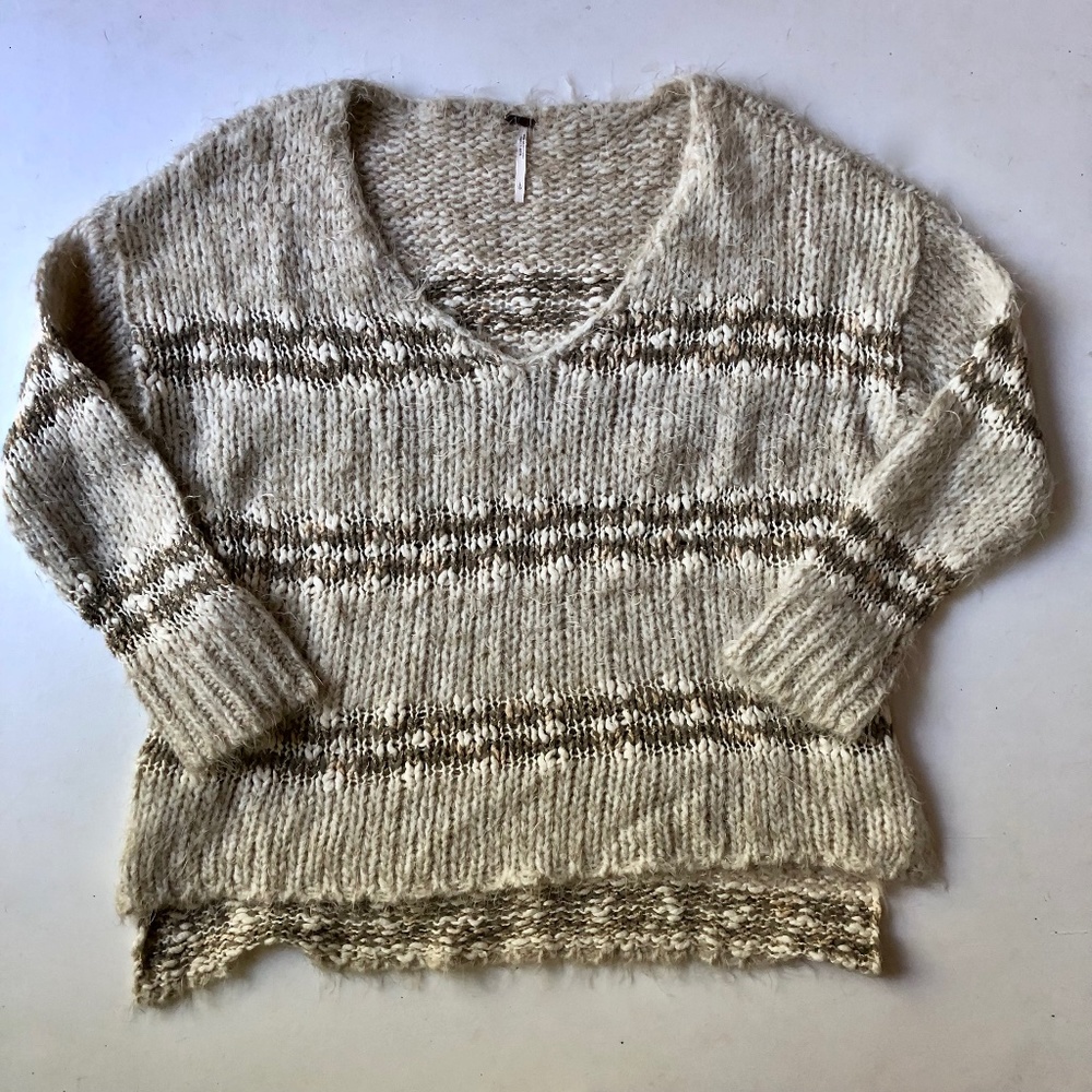 Free People Striped Cream Knit V-Neck Sweater